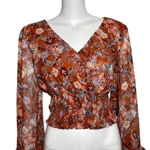 Meraki Crop Top Womens Size M Long Flare Sleeve Floral Smocked Hem V Neck